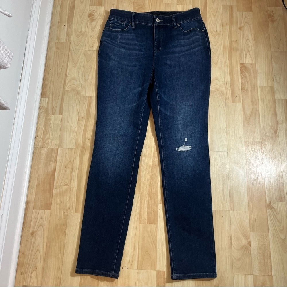 Chicos Womens Dark Wash Elastic Band Distressed Skinny Jeans Size 1/8